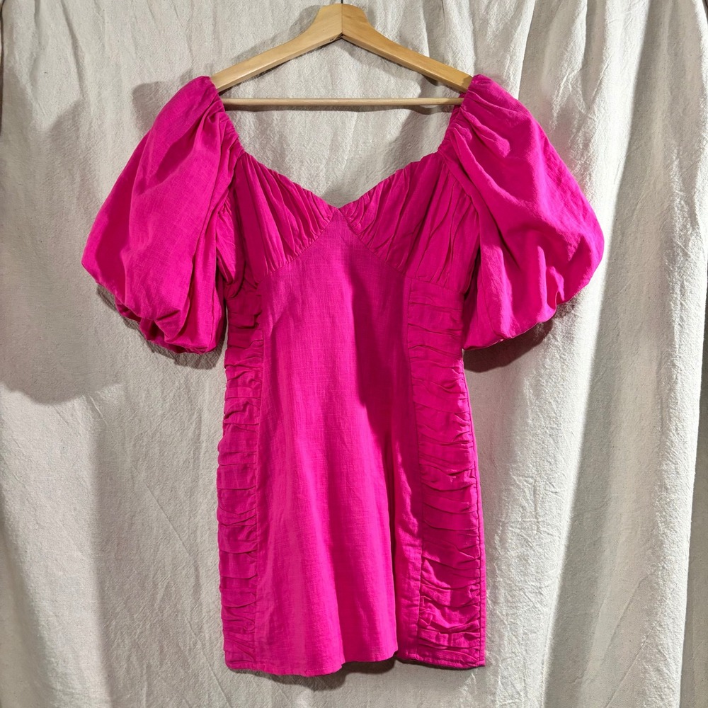 Seven Wonders Hot Pink Barbie Cotton Puff Sleeve Ruched Mini Dress Womens M US 6